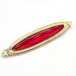 1928 Brand Gold Tone Red Faceted Glass Marquise Bar Brooch Pin 3.25 Inch